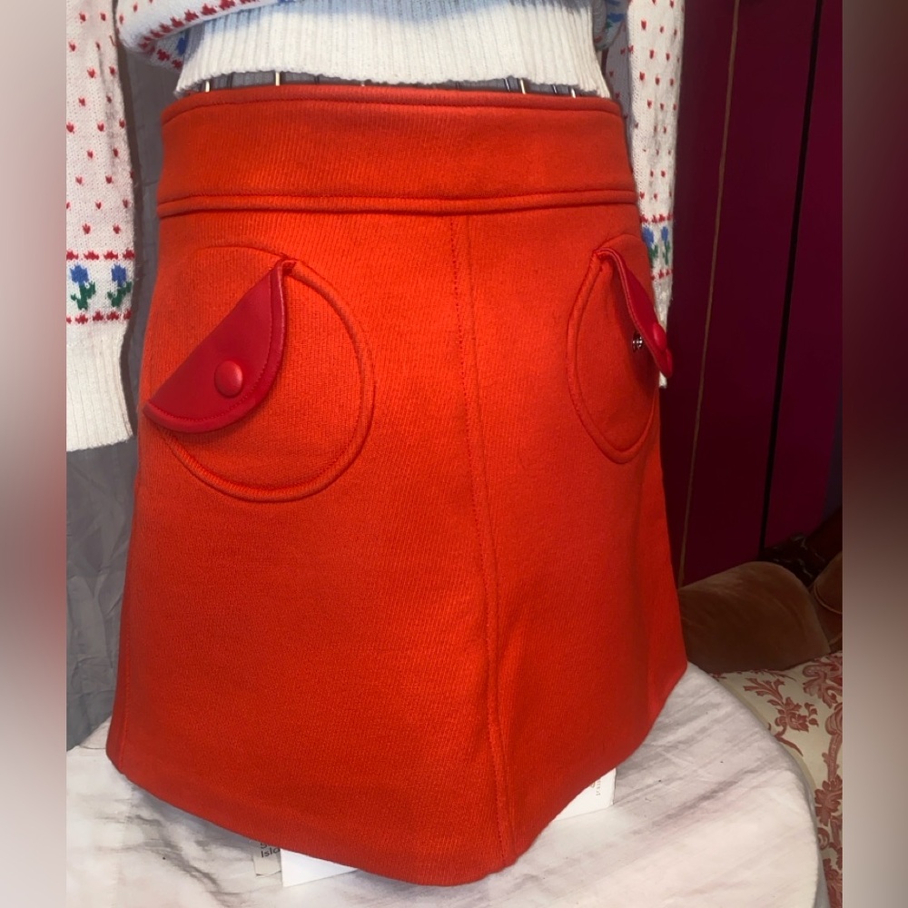 Marc Jacobs, Red, Wool Skirt with Leather Detail, Size 6